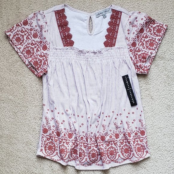 ABSOLUTELY FAMOUS Embroidered Smocked Peplum Top - Picture 2 of 7